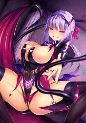aisei_tenshi_love_mary blush breast_grab breasts bridal_gauntlets collar crown demon_girl heart_tattoo holding_breasts jewelry large_breasts latex leotard looking_at_viewer monster_girl naughty_face purple_eyes purple_hair ring satou_kuuki smile succubus tail tattoo thighhighs wet wings yuri_mahiro