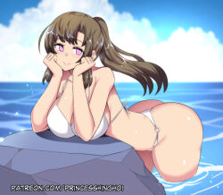 bent_over bikini_bottom bikini_top breasts brown_hair cleavage do_you_love_your_mom_and_her_two_hit_multitarget_attacks female_only femsub glowing glowing_eyes happy_trance large_ass large_breasts long_hair looking_at_viewer mamako_osuki manip milf misterman4_(manipper) ponytail princess_hinghoi smile spiral_eyes swimsuit symbol_in_eyes tagme