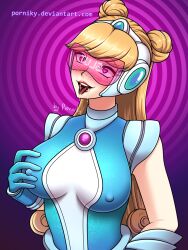  bangs blonde_hair blush clothed drool erect_nipples erect_nipples_under_clothes femsub hair_buns heart heart_eyes helmet holding_breasts large_breasts long_hair nipples open_mouth original pink_eyes porniky signature simple_background smile spiral_background symbol_in_eyes tongue tongue_out visor watermark 