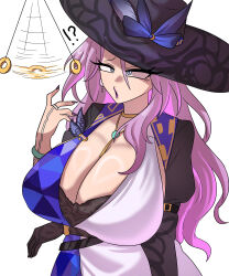  absurdres blue_eyes breasts cleavage coin confused earrings eyeshadow female_only femsub hat honkai_star_rail huge_breasts jade_(honkai_star_rail) jewelry joeneko26 lipstick long_hair makeup necklace open_mouth pendulum purple_hair simple_background white_background 