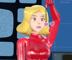 3d blonde_hair bodysuit clover dazed female_only femsub hypnolordx open_mouth pendulum self_hypnosis short_hair source_filmmaker spiral_eyes symbol_in_eyes totally_spies