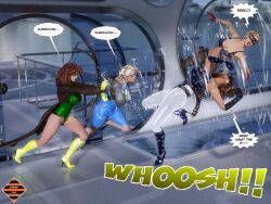 absurdres blonde_hair blue_bombshell bodysuit dangerguy01 duster_(dangerguy01) expressionless femsub fingerless_gloves flag_bikini high_heels lipstick long_hair multiple_girls multiple_subs orange_hair original resisting short_hair sneakers spiral tech_control visor