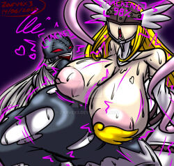  angewomon blonde_hair breasts breasts_outside digimon femsub heart huge_ass huge_breasts ladydevimon open_clothes red_eyes sketch smile tech_control text watermark white_hair zarvex3 