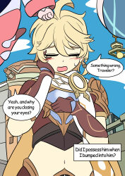 accidental_hypnosis aether_(genshin_impact) ahoge blonde_hair blush character_request closed_eyes clothed columbina_(genshin_impact) earrings embarrassed english_text femdom genshin_impact gloves hand_on_head malesub midriff navel outdoors paimon_(genshin_impact) possession sweat text vel