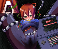  aile artist_request brown_hair cables capcom drool empty_eyes female_only femsub green_eyes megaman_(series) megaman_zx pussy robot short_hair solo tech_control 