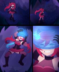 blue_eyes boots clothed comic female_only femsub gloves glowing hanging_down hypnotic_tentacle lazzysin long_hair open_mouth original red_hair tentacles