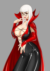 absurdres bodysuit breasts cape choker cleavage corruption corset dress erect_nipples fangs female_only fingerless_gloves glasses gloves happy_trance jaclyn_(corruptionprincess) large_breasts latex lipstick long_hair looking_at_viewer nail_polish oo_sebastian_oo opera_gloves original red_eyes sideboob smile solo vampire white_hair