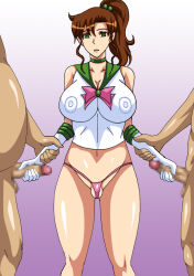 breasts brown_hair censored collarbone green_eyes hellhound_(artist) large_breasts penis pussy sailor_jupiter sailor_moon_(series) spiral_eyes standing standing_at_attention symbol_in_eyes