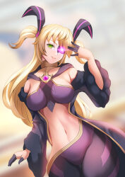 animal_ears blonde_hair breasts coat corruption empty_eyes enemy_conversion eyepatch fatui_electro_cicin_mage female_only femsub fischl_(genshin_impact) genshin_impact glowing_eyes green_eyes hadant long_hair midriff navel smile twintails
