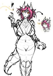 absurdres before_and_after breasts claws coin crystal_(zko) dragon_girl drool fairy female_only femsub furry glowing glowing_eyes horns large_breasts open_mouth orange_eyes original pendulum pink_hair short_hair simple_background size_difference sketch tail white_background zko