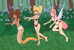 barefoot bikini_bottom bikini_top blonde_hair blue_eyes brown_eyes brown_hair cailey_(swankypajamas) empty_eyes feet horns hypnotic_music lina_(swankypajamas) marigold_(swankypajamas) mythkaz naga_girl original pink_eyes pink_hair snake_girl tagme wings zombie_walk
