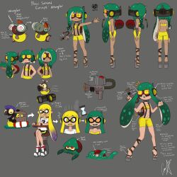  absurdres antenna backpack before_and_after blonde_hair bondage bracelet chair collar enemy_conversion femsub green_hair grey_background hand_on_hip happy_trance headphones high_heels inkling inkling_girl instant_loss long_hair midriff multiple_girls multiple_subs nintendo octoling octoling_girl open_mouth restrained salmonid sharp_teeth shirt shorts shyker signature sitting smile spiral_eyes splatoon splatoon_3 standing suspenders tech_control text uniform visor yellow_eyes 