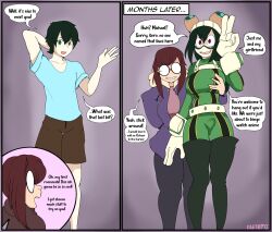  before_and_after black_hair breast_grab breasts brown_hair bulge cosplay costume crossdressing dialogue erection erection_under_clothes faetomi femdom feminization glasses green_eyes green_hair malesub my_hero_academia spiral_eyes symbol_in_eyes tagme text tsuyu_asui 