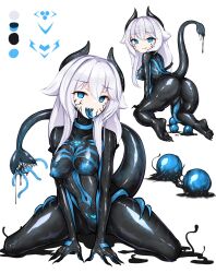  all_fours ass blue_eyes bodysuit crotch_tattoo eggs empty_eyes erect_nipples erect_nipples_under_clothes feet female_only femsub horns kneeling latex living_costume long_hair looking_at_viewer mastersprouts multiple_girls navel pussy rubber sharp_teeth silver_hair simple_background smile solo symbiote tail tattoo tongue tongue_out white_background 