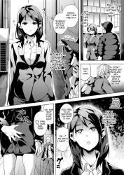 ass ass_grab business_suit comic date drool empty_eyes femsub greyscale hard_translated hat maledom monochrome original smile sweat text translated