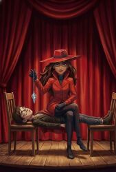 ai_art black_hair brown_hair carmen_sandiego carmen_sandiego_(character) catalepsy chair closed_eyes clothed crossed_legs crystal female_only femdom femsub glasses hat human_furniture hypnotic_accessory julia_argent_(carmen_sandiego) long_hair looking_at_viewer pendulum shoes short_hair sitting stage stage_hypnosis zupern0va_(manipper)