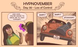 black_eyes black_hair dialogue english_text femdom femsub happy_trance headband hypnovember long_hair mary_mavys_(pstash) open_mouth original phone pstash purple_eyes scared shirt smile speech_bubble tech_control yellow_background