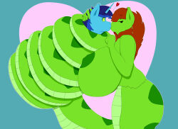  anguis_flake blue_hair breasts brown_hair charlyc95 coils dial_liyon earrings femdom furry green_eyes happy_trance heart huge_breasts hypnotic_eyes kissing malesub my_little_pony ring_eyes simple_background snake_girl unicorn unicorn_boy 
