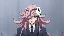  animated animated_gif artist_request electricity expressionless eye_roll female_only femsub long_hair mask milf pink_eyes pink_hair pink_lipstick police_uniform solo tech_control tenkuu_shinpan unaware yayoi_kusakabe 
