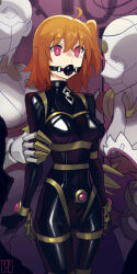  ahoge automata_(fate) ball_gag bodysuit bracelet breasts cad chains doll dollification empty_eyes expressionless eye_color_change eyebrows_visible_through_hair fate/grand_order fate_(series) female_only femdom femsub gag mind_break multiple_doms multiple_girls orange_hair red_eyes restrained ritsuka_fujimaru_(female) scrunchie side_ponytail signature standing standing_at_attention thigh_gap thighs tight_clothing 