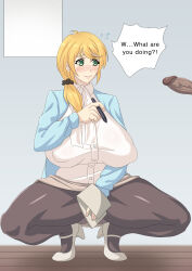  blonde_hair breasts curvy ellen_baker english_text green_eyes huge_breasts large_breasts new_horizon_textbook penis rex_(systembest) squatting text thick_thighs thighs 