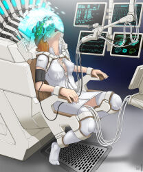  blonde_hair bondage brain cables chair cleavage dmf0 earbuds erect_nipples female_only hypnotic_screen industrial_robotics long_hair monitor open_clothes open_mouth shrunken_irises tech_control text thighhighs visor western 