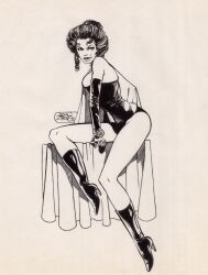 alternate_costume alternate_hairstyle bare_legs bare_shoulders boots cape corruption corset female_only femsub greyscale high_heels jean_grey john_bryne leaning_forward looking_at_viewer marvel_comics official opera_gloves short_hair signature simple_background sitting sketch solo super_hero thighs western x-men