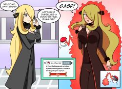  blonde_hair blush bouncing_breasts breasts cleavage coat comic cynthia dialogue empty_eyes female_only femsub gameplay_mechanics grey_eyes hair_covering_one_eye large_breasts long_hair nintendo open_mouth pokeball pokemon pokemon_diamond_pearl_and_platinum sortish spiral_eyes symbol_in_eyes tech_control text 