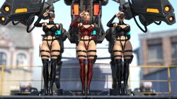  3d arms_behind_back belt blue_eyes breasts brown_hair cleavage clone daz_studio drone expressionless female_only femsub fingerless_gloves garter gloves hat large_breasts mask multiple_girls multiple_subs navel opera_gloves saluting standing standing_at_attention tech_control thick_thighs tied_hair weapon wide_hips wu_zhu zipper 