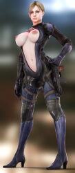  3d blonde_hair blue_eyes bobyshal bodysuit breasts erect_nipples expressionless female_only femsub glowing hand_on_hip jill_valentine looking_at_viewer navel nipples open_clothes p30 ponytail resident_evil resident_evil_5 solo standing topless weapon 
