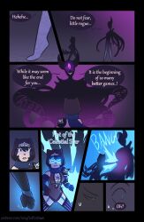  absurdres black_hair blush bottomless breasts comic corruption dialogue female_only femdom femsub gameplay_mechanics glowing glowing_eyes inkyfluffsdraws large_breasts lore_(littleinksheep) open_mouth original short_hair smile tentacles text transformation 