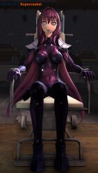 3d absurdres bodysuit chair drool fate/grand_order fate_(series) femsub scathach_(fate/grand_order) spiral spiral_eyes supercasket symbol_in_eyes tight_clothing