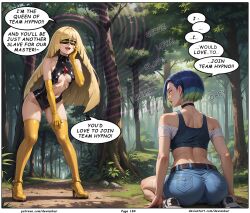 ai_art ass blonde_hair blue_hair devianbar dialogue empty_eyes femsub happy_trance hypnotized_hypnotist large_breasts latex long_hair lusamine nintendo perrin_(pokemon) pokemon short_hair team_hypno tech_control text visor