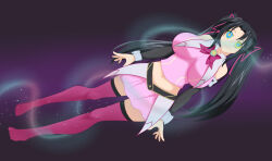  absurdres black_hair femsub floating hair_ribbon happy_trance high_school_dxd hypnotic_smell kaa_eyes large_breasts long_hair midriff navel neolink077 serafall_leviathan skirt smile solo thighhighs twintails 