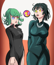breasts clothed drool female_only femsub fubuki_(one_punch_man) glatu green_hair hypnotic_orb kaa_eyes large_breasts navel one_punch_man open_mouth orb sisters small_breasts tatsumaki_(one_punch_man)