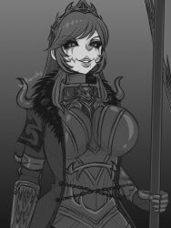armor breasts chains corruption crown femsub gauntlets greyscale hildegard_von_krone jewelry large_breasts large_lips long_hair mole monochrome porniky soul_calibur_(series) spear