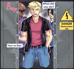  angry bald before_and_after bimbovaporeon black_hair blonde_hair blue_eyes brown_eyes comic dark_skin dialogue hair_covering_one_eye jacket jeans light_skin male_only multiple_boys muscle_boy original shirt speech_bubble tank_top tech_control text 