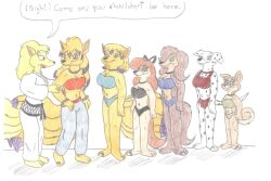 bikini breasts cleavage collar dog_girl femdom femsub furry happy_trance harem_outfit jose-ramiro kaa_eyes large_breasts multiple_girls multiple_subs  smile standing standing_at_attention text traditional underwear