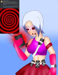 absurdres blue_hair cosplay drool expressionless female_only femsub hypnotic_screen jaclyn_(corruptionprincess) lord-hypnoticon original south_park south_park_the_fractured_but_whole spiral spiral_eyes symbol_in_eyes tech_control text wendy_testaburger white_hair