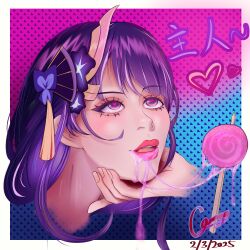 aphrodisiac chin_hold female_only femsub food genshin_impact gradient_background hair_ornament happy_trance heart heart_eyes himmelficker phantom_hand purple_eyes purple_hair raiden_shogun_(genshin_impact) signature simple_background smile spit_trail symbol_in_eyes