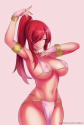 breasts erza_scarlet fairy_tail female_only femsub glowing glowing_eyes hair_covering_one_eye harem_outfit hevn icontrol_(manipper) large_breasts long_hair looking_at_viewer manip navel open_mouth ponytail red_hair solo spiral_eyes symbol_in_eyes text