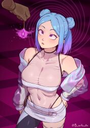 absurdres ahegao arm_warmers bare_shoulders belted_skirt blue_hair breasts cleavage collarbone crossed_eyes crystal eye_roll femsub hair_buns hand_on_hip huge_breasts large_hips m4ns0n midriff miniskirt original pendulum phantom_hand purple_eyes reflection reflection_(irontale96) ring_eyes see-through short_hair short_skirt skirt spiral super_hero symbol_in_eyes text thick_thighs tomboy watermark wyge_(manipper)