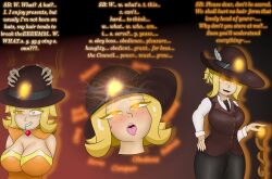  blonde_hair breasts cleavage corruption freckles glowing glowing_eyes hat onorgasmic original suit sunny_breeze_(onorgasmic) tongue_out 