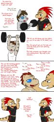  absurdres before_and_after brown_hair comic exercise flexing furry himbo himbofication hypnotic_eyes immelmann immelmann_(immelmann) kaa_eyes lizard_boy malesub memetic_control muscle_boy open_mouth original short_hair smile text transformation twinning weightlifting wolf_boy 