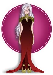 breasts carmilla_(castlevania) castlevania female_only femsub large_breasts moka_akashiya polmanning possession red_dress rosario+vampire spiral_eyes standing standing_at_attention symbol_in_eyes very_long_hair white_hair
