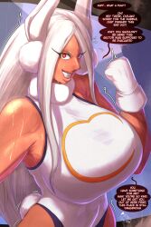  breasts bunny_ears bunny_girl clothed english_text large_breasts mahoumonsterart my_hero_academia rumi_usagiyama super_hero sweat text 