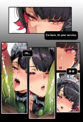  ai_art balls blush comic ellen_joe english_text erection femsub gradient_background green_skin headdress licking maid maid_headdress maledom mole open_mouth oral penis sex short_hair silvericonic_(manipper) simple_background spiral_eyes symbol_in_eyes text tongue tongue_out zenless_zone_zero 