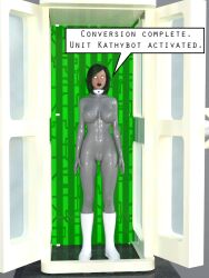  3d dialogue female_only femsub graybot green_hair kathy_(theheckle) original robot robotization solo tech_control text theheckle whitewash_eyes 