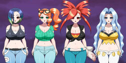 blue_eyes blue_hair cleavage empty_eyes femsub flannery green_eyes huge_breasts karen_(pokemon) long_hair looking_at_viewer multicolored_hair multiple_girls multiple_subs navel nintendo open_mouth orange_hair perrin_(pokemon) pokemon pokemon_gold_silver_and_crystal pokemon_ruby_sapphire_and_emerald pokemon_scarlet_and_violet pokemon_sword_and_shield red_hair short_hair sonia_(pokemon) yensh