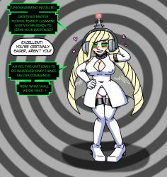  absurdres antenna blonde_hair breasts cleavage cleavage_cutout cosplay female_only fembot femsub gloves happy_trance headphones hypnotic_accessory knees_together large_breasts latex looking_at_viewer lusamine maledom milf nintendo original pokemon pokemon_sun_and_moon robot robotization smile spiral_eyes supertechno324 symbol_in_eyes tech_control very_long_hair 